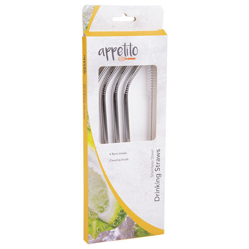 Appetito Stainless Steel Bent Drinking Straws with Brush 4pc