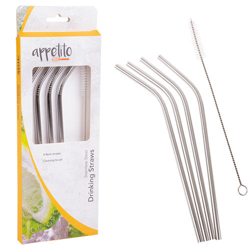 Appetito Stainless Steel Bent Drinking Straws with Brush 4pc