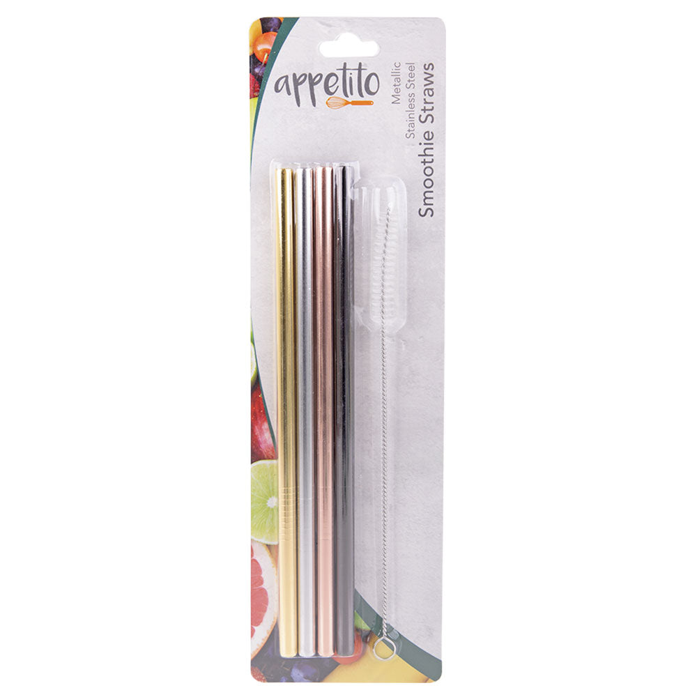 S/Steel Straight Smoothie Straws with Brush 4pcs