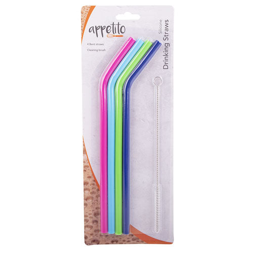 Appetito Silicone Bent Drinking Straws with Brush (Set of 4)