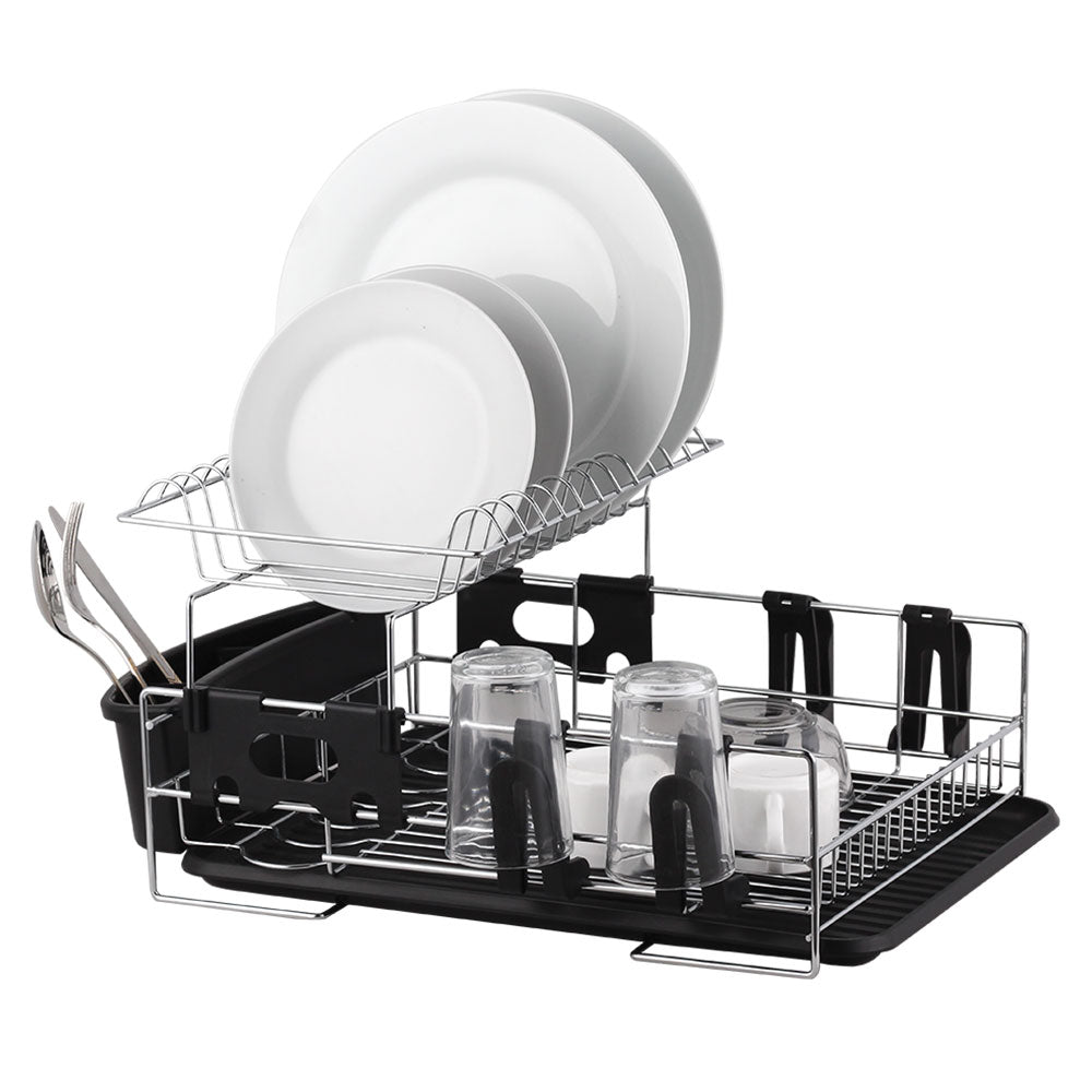 Stainless Steel 2-Tier Dish Rack with Draining Board (Black)