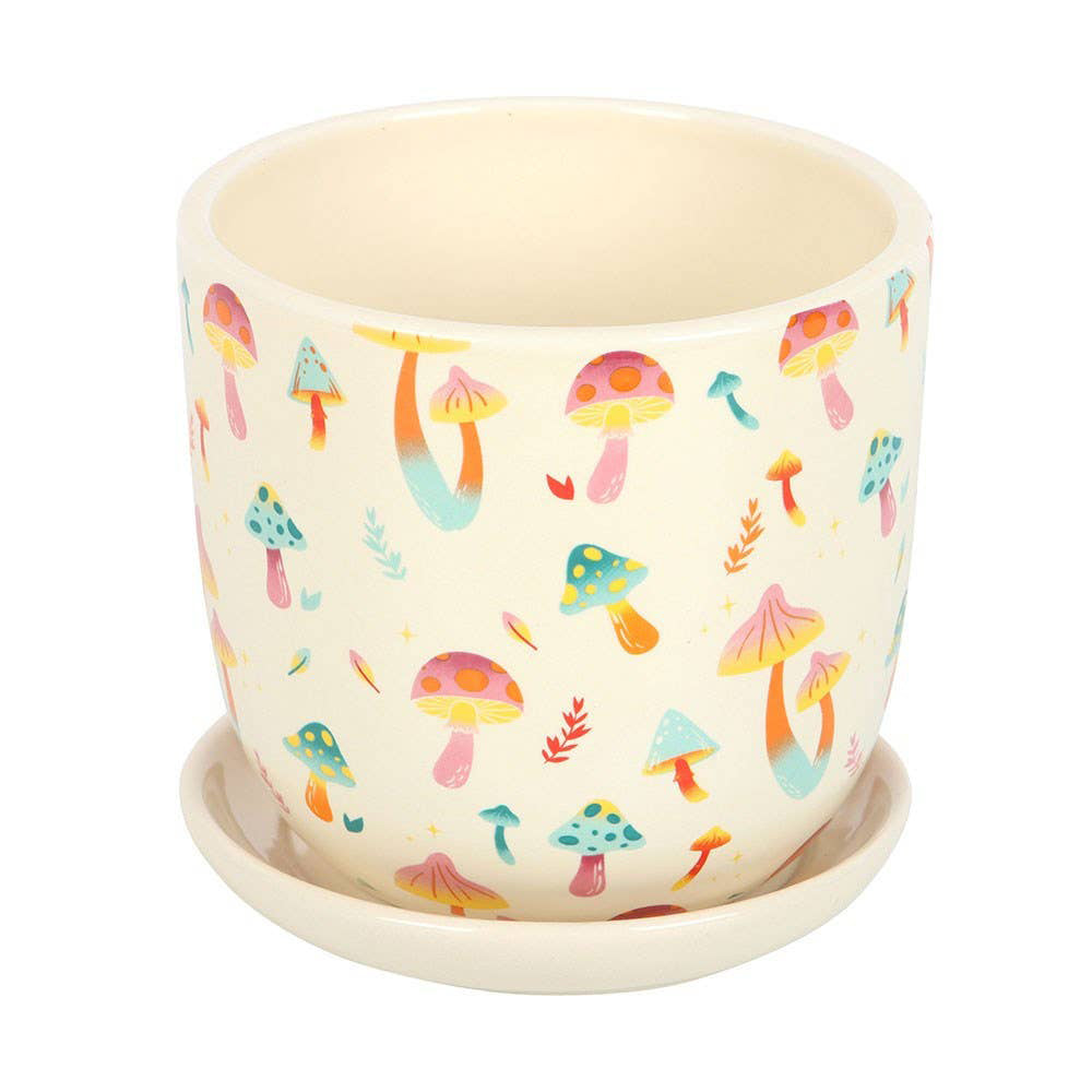 Funky Fungi Print Ceramic Plant Pot with Saucer