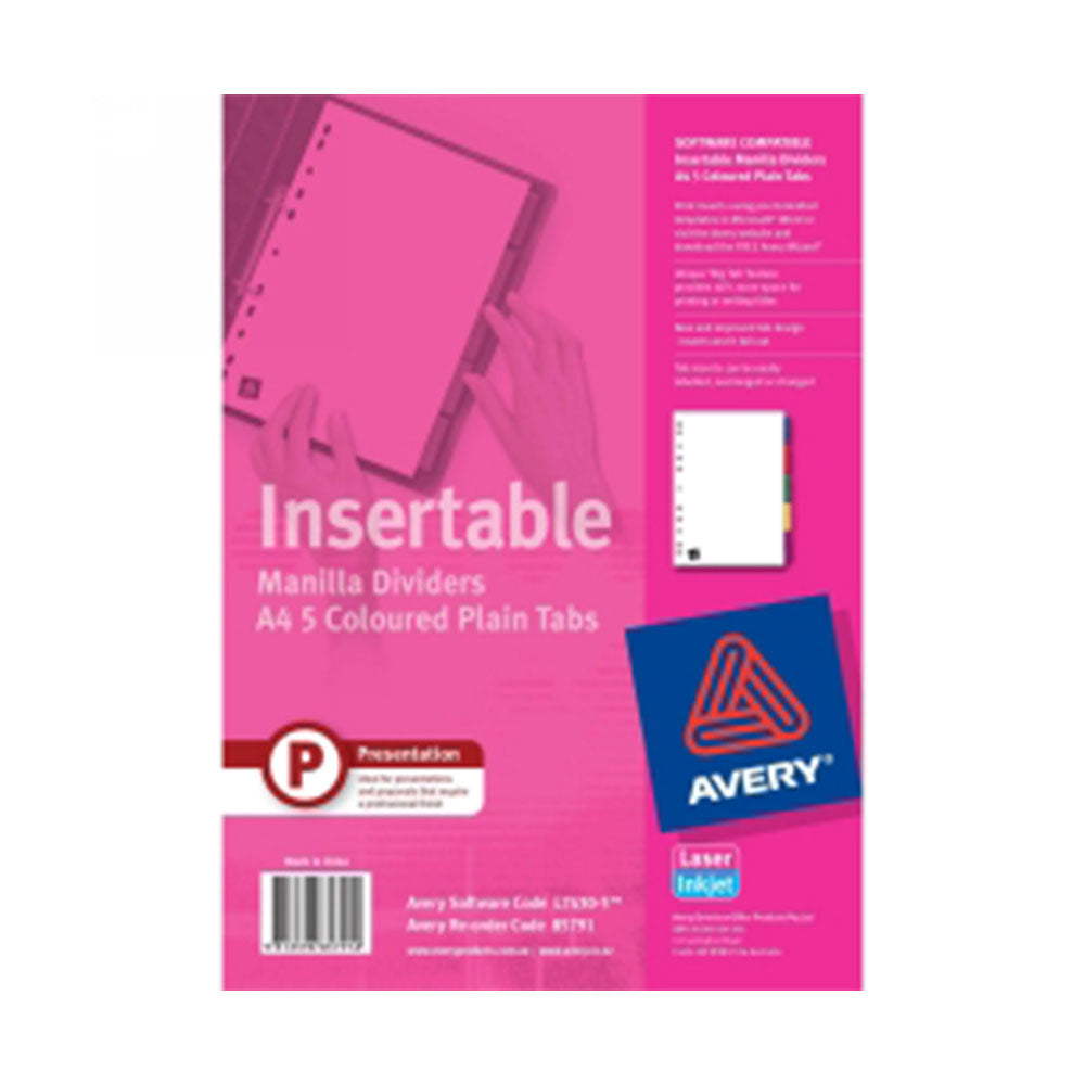 Avery Insertable A4 Manilla Dividers 5-Colored Plain Tabs