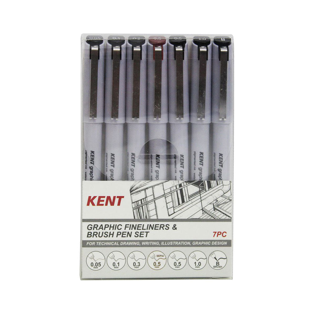Kent Graphic Fineliner and Brush Pen Set (Pack of 7)