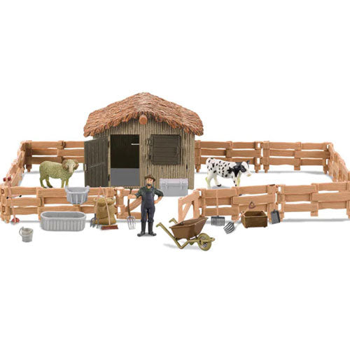 Farm Animals Barn with Fence and 16 Accessories