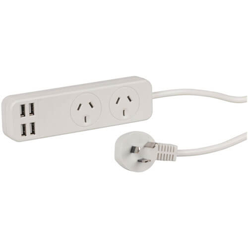 2-Way Mains Powerboard with USB Charging Ports (White)