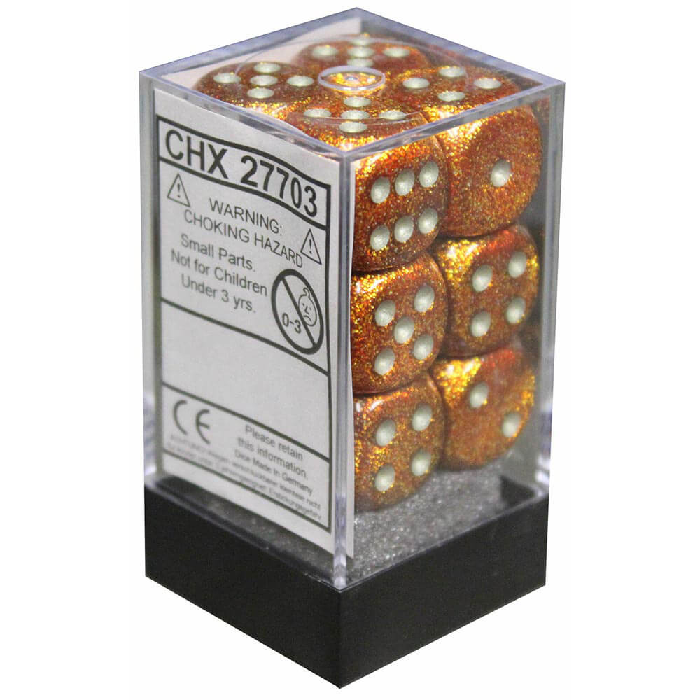 D6 Dice Glitter 16 mm (12 dobbelstenen)