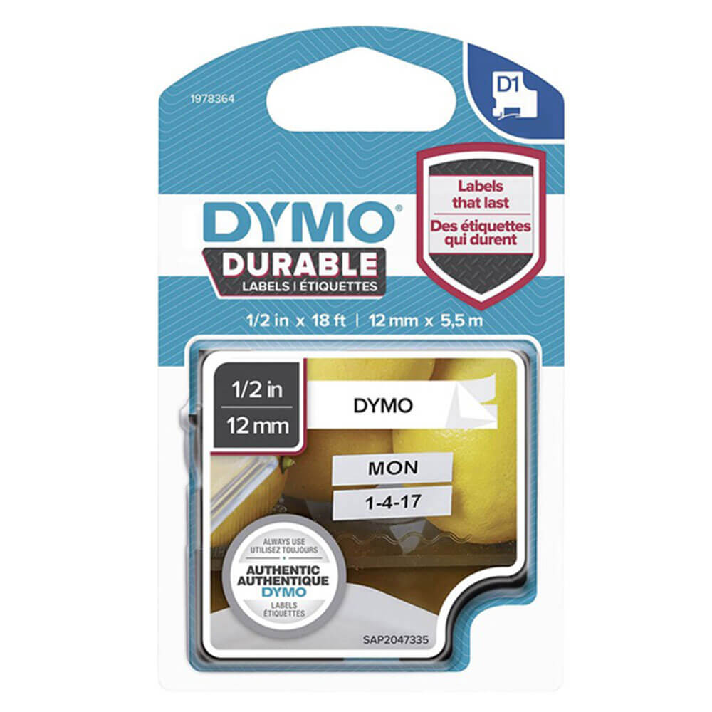 Dymo D1 Durable Tape Label 12mmx5.5m (Black on White)