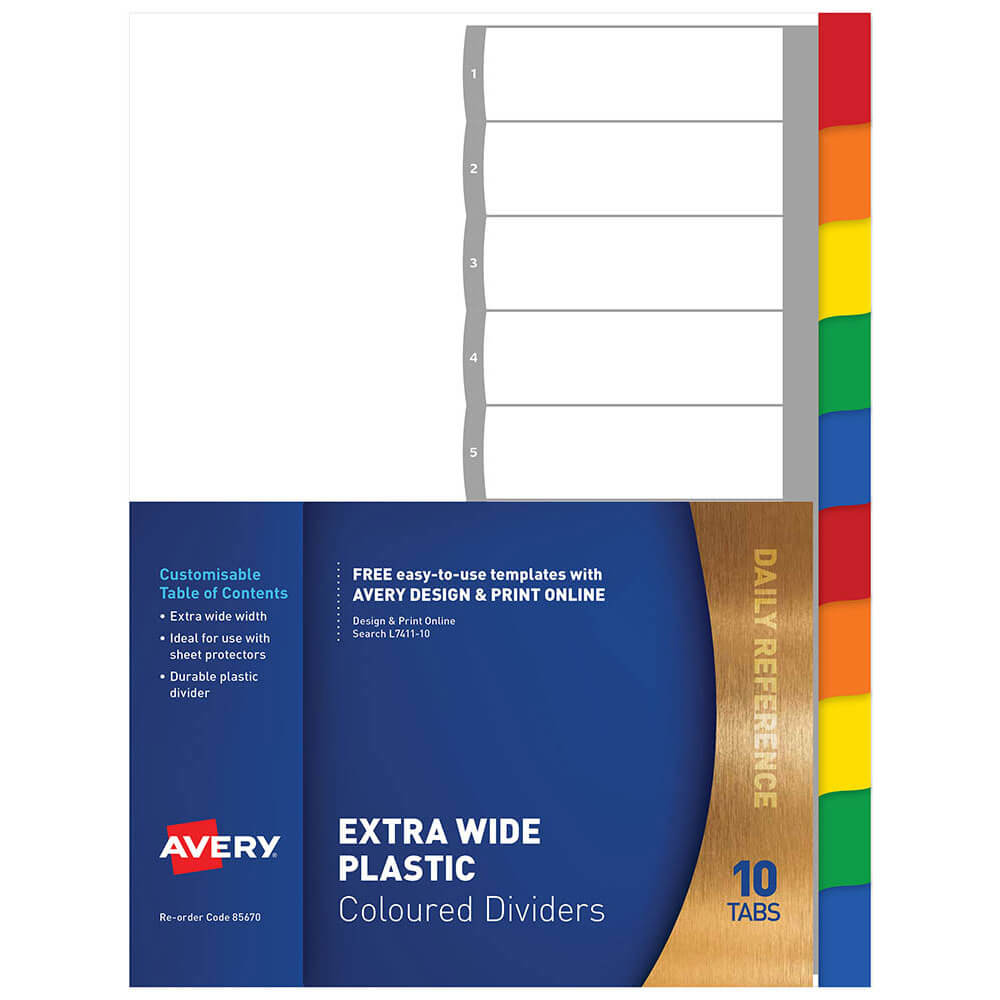 Avery 10 Tab Extra Wide Plastic Dividers A4 (Coloured)