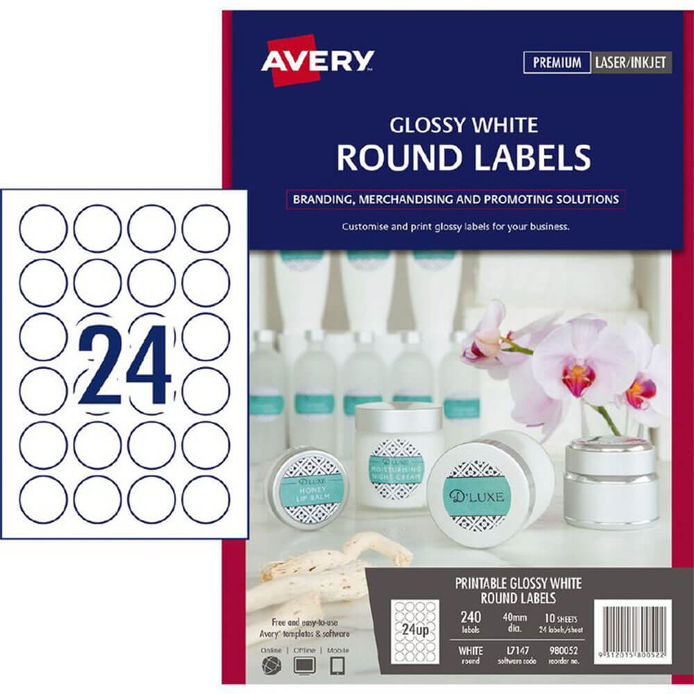 Avery Laser Inkjet Round Labels 240pcs 40mm (Gloss White)