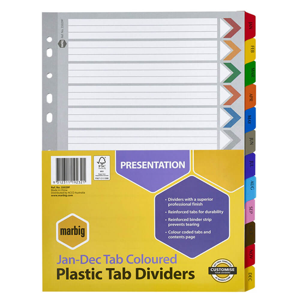 Marbig Jan-Dec Manilla Plastic Tab Dividers(A4)