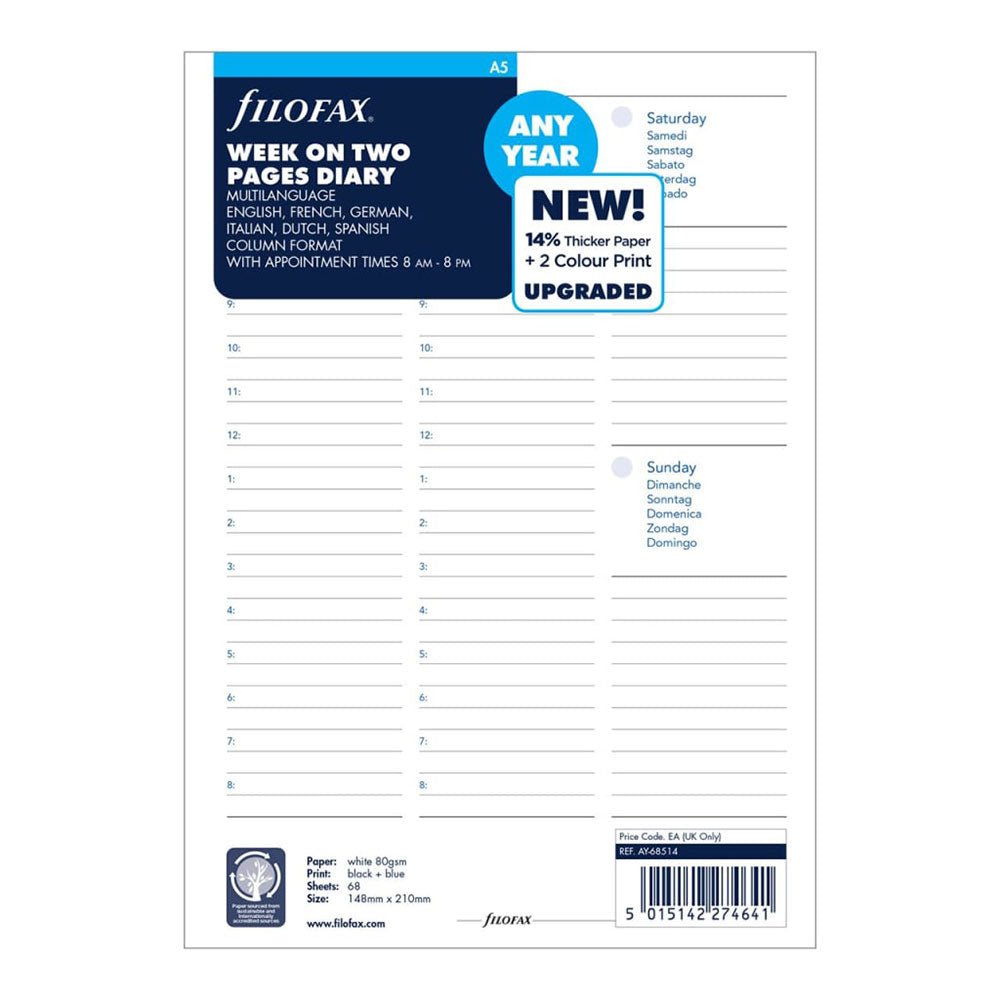 Filofax A5 Any Year Week to View Diary Refill