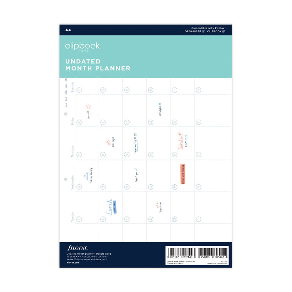 Filofax A4 Clipbook Month Planner Refill 12pk
