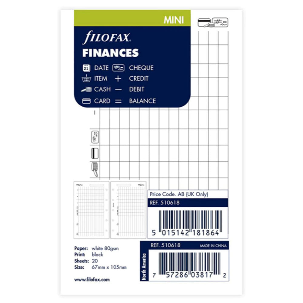 Filofax Mini Finances Refill 20pk (White)
