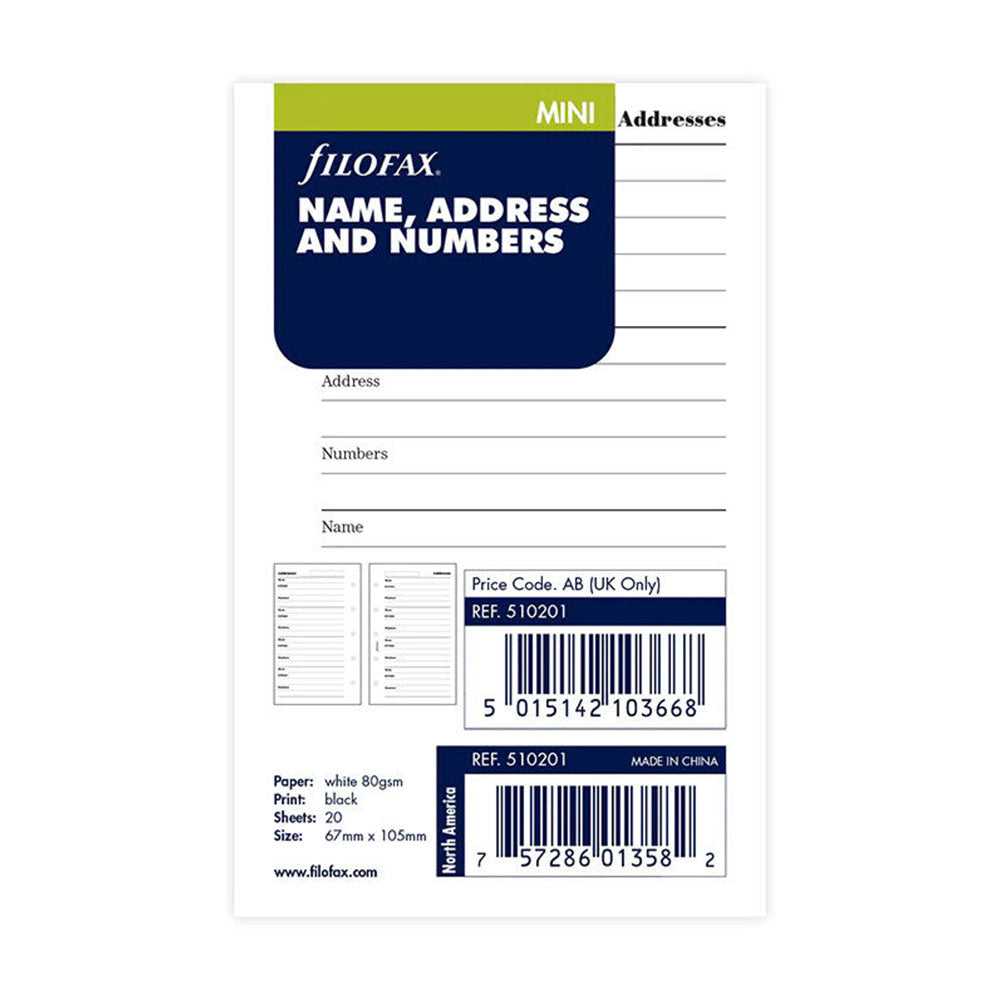 Filofax Mini Name/Address/Numbers Notepaper