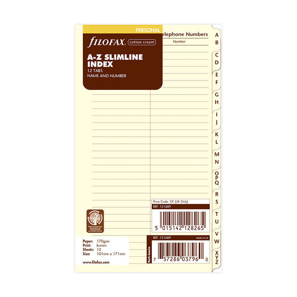 Filofax A-Z Slimline Personal Index Refill (Cream)