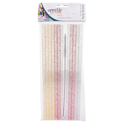 Appetito Reusable Sparkle Party Straws 25cm with Brush 12pcs