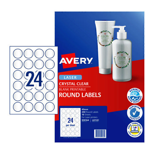 Avery Round Clear Laser Labels 40mm 240pk