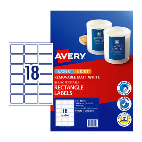 Avery Removable Rectangular Labels 18Up (62x42mm)