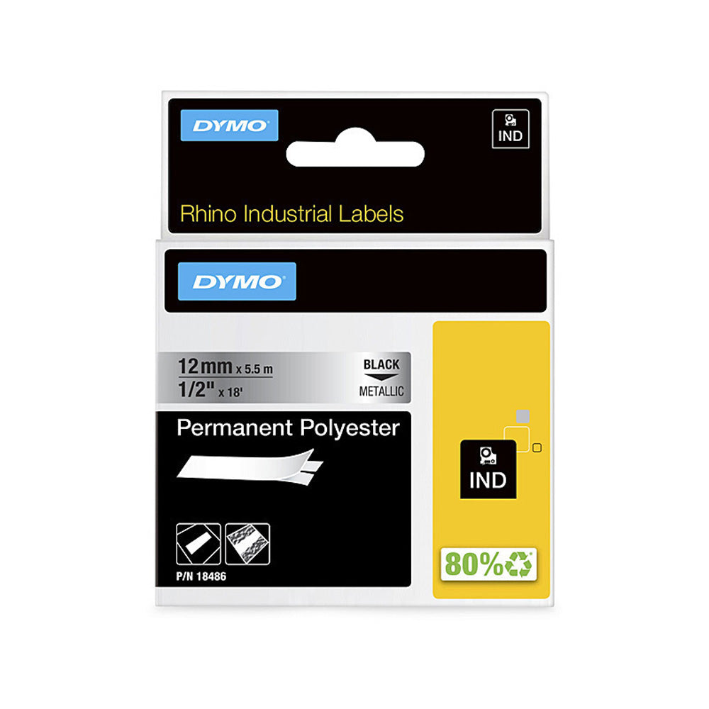 Dymo Rhino Black on Metallic Permanent Polyester Labels 19mm