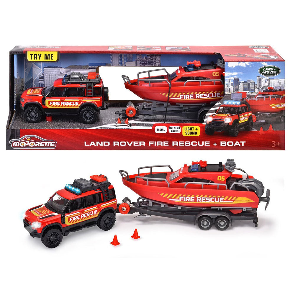 Majorette Land Rover con barco de rescate en caso de incendio