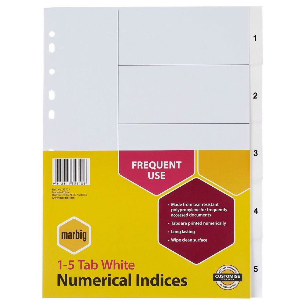 Marbig A4 1-5 Flikar Numeriska Index/Avdelare (Vit)