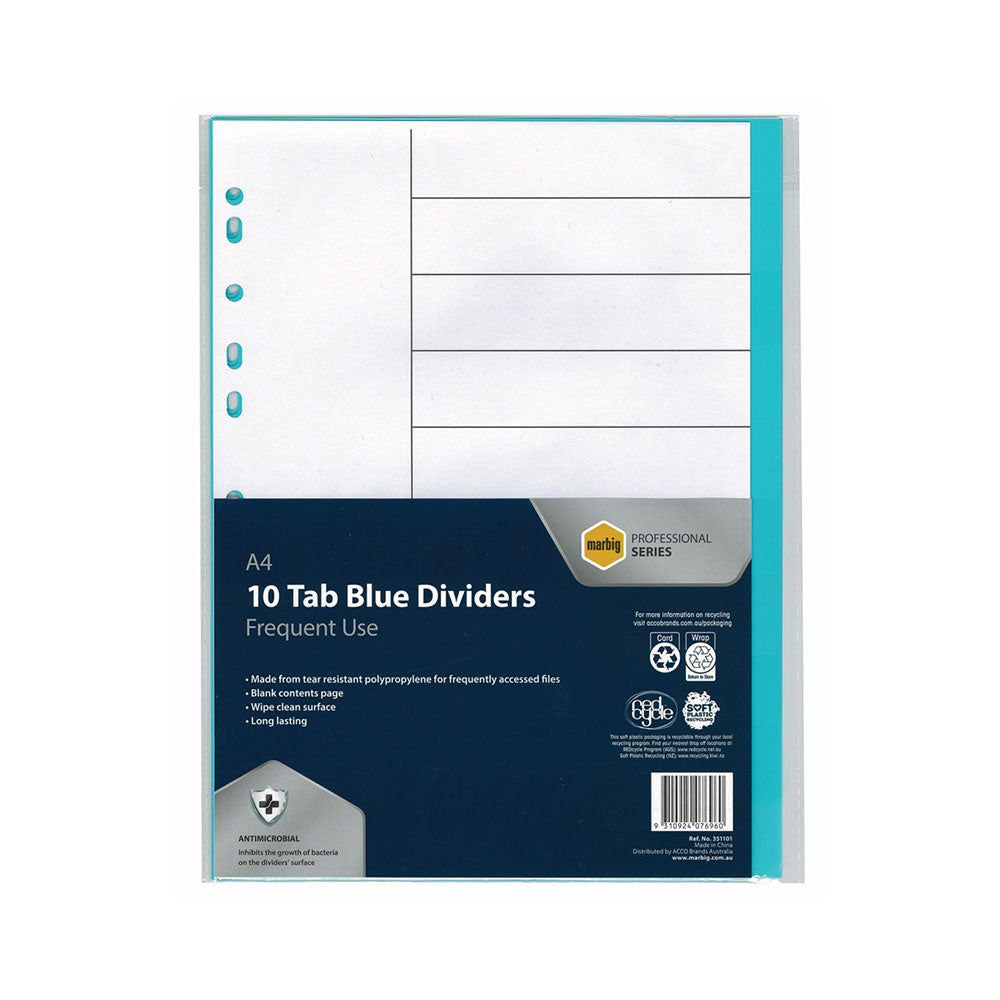 Marbig Professional A4 Antimicrobial Dividers 10 Tabs (Blue)