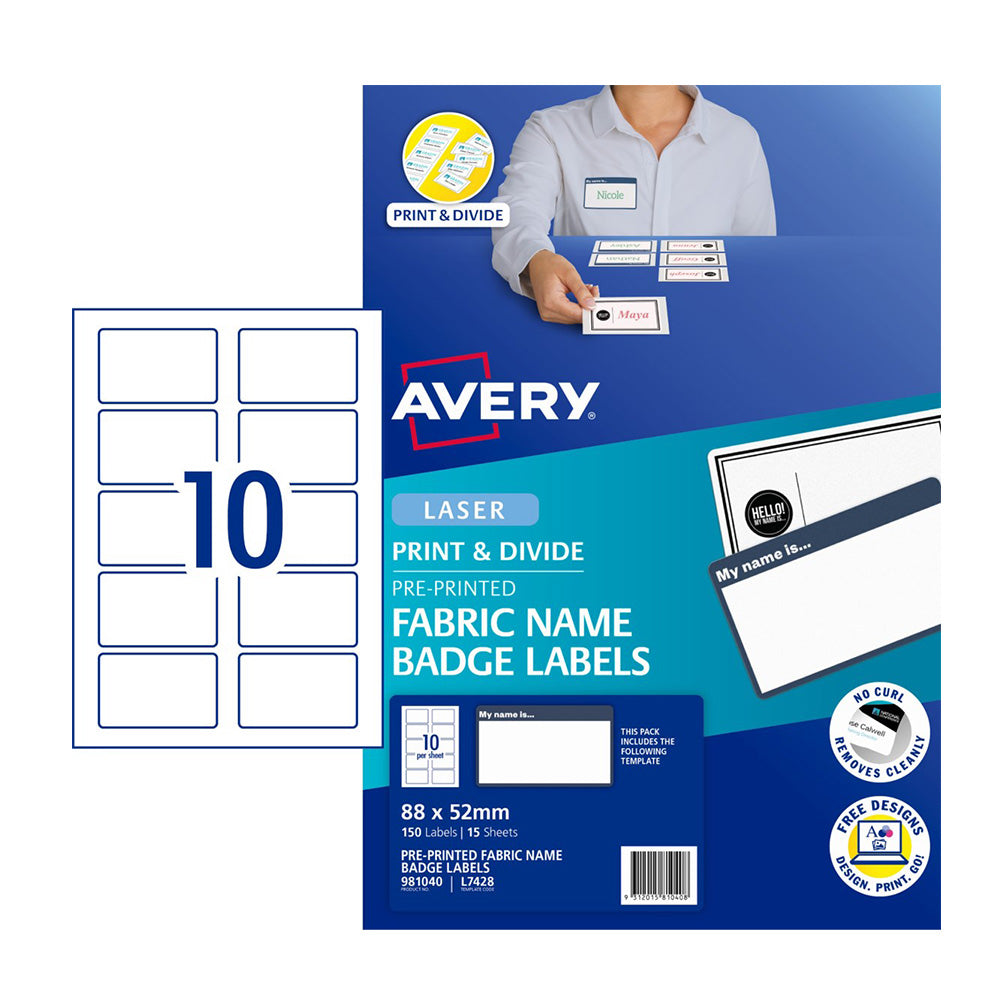 Avery Fabric Name Badge Label 15pcs (10 per Sheet)
