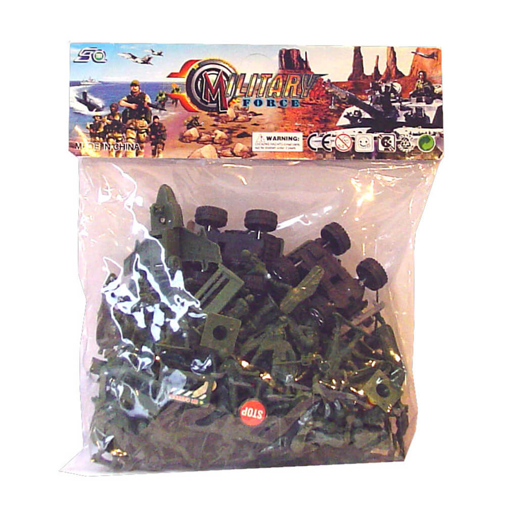 Vehículos y accesorios militares de soldaditos de juguete.
