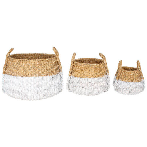 Apollo Seagrass White Dip Bulb Baskets w/ Handles (3 Sets)