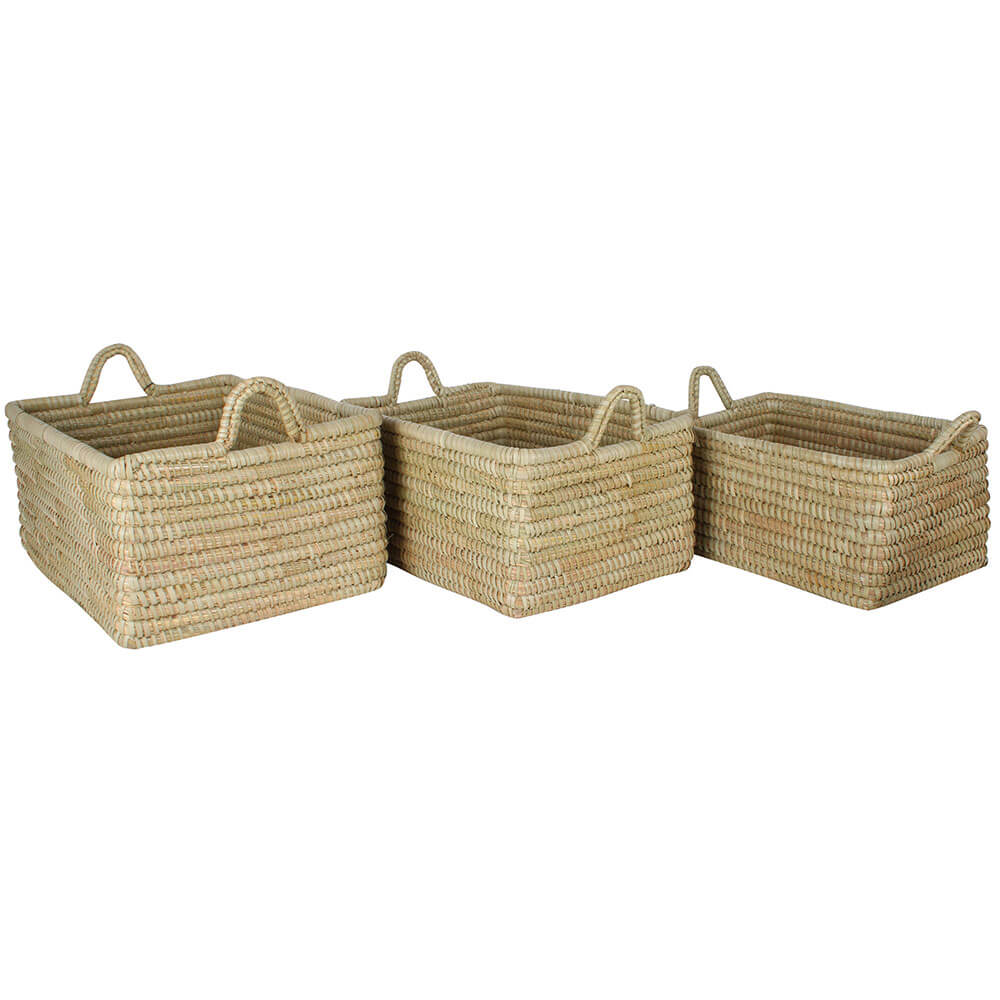 Rectangle Palm Leaf Basket w/ Handles Set of 3 (40x30x20cm)