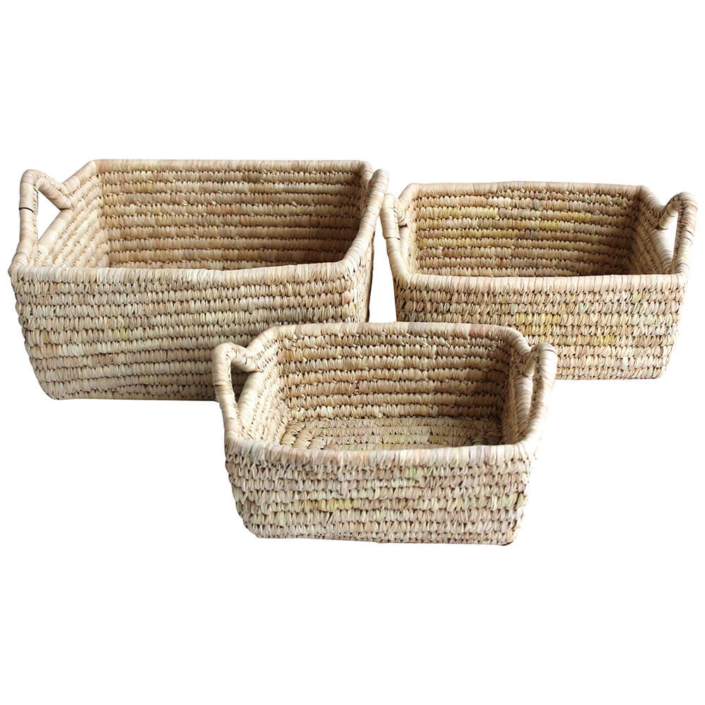 Seagrass & Date Leaf Rect Baskets w/ Handle 3 Sets 35x30x16