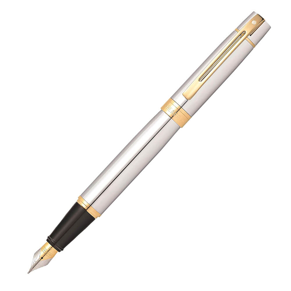 Sheaffer 300 Chrome Fine Fountain Pen w/ Gold Trim