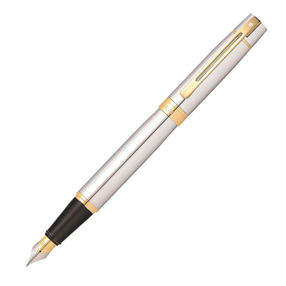 Penna stilografica fine Sheaffer 300 con cappuccio cromato e finiture dorate