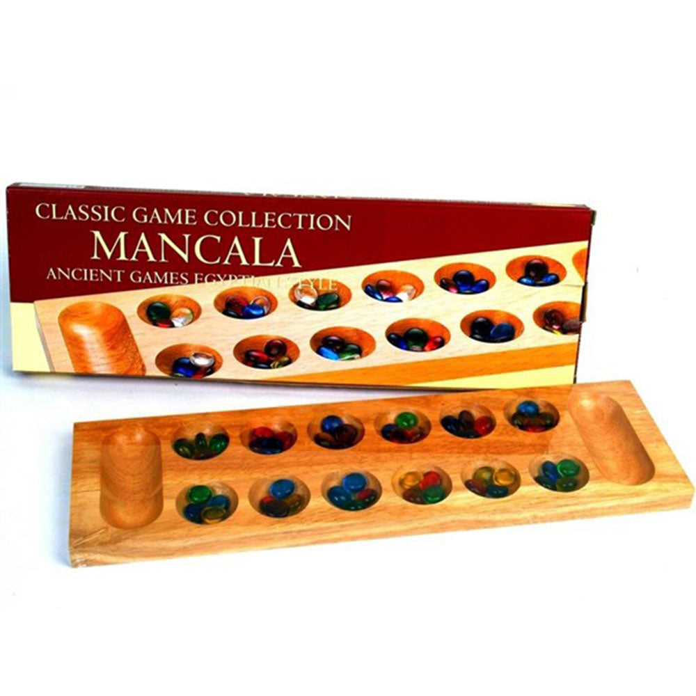 Classic Mancala Wooden Board Game w/ Glass Beads 44cm