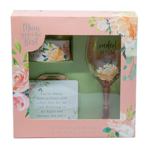 Mother's Day Gifts Mum Wine Glass with Plaque and Candle Set