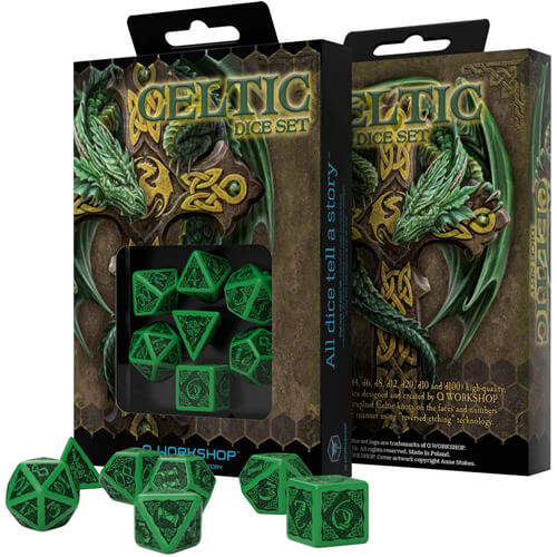 Q Workshop Celtic 3D Green & black Revised Dice Set of 7