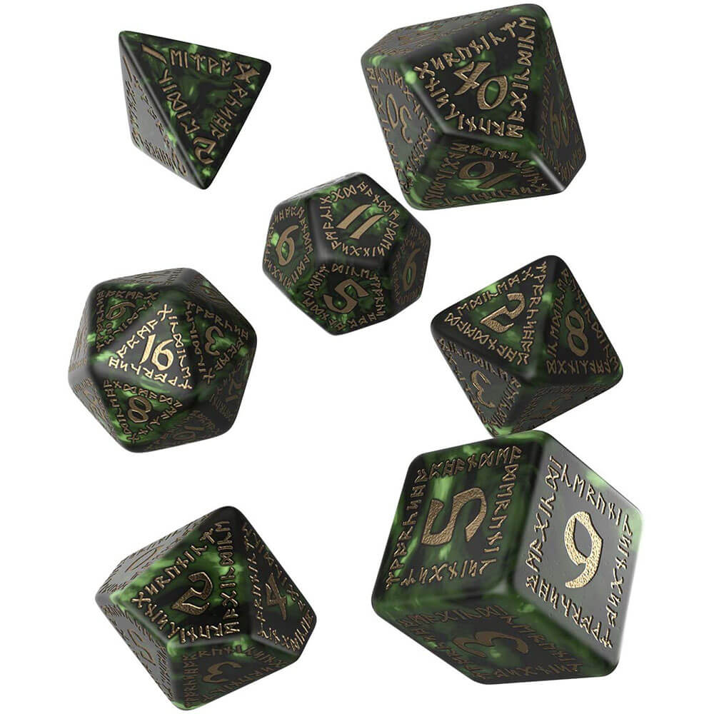Q Workshop Runic Bottle Green and Gold Dice Set of 7