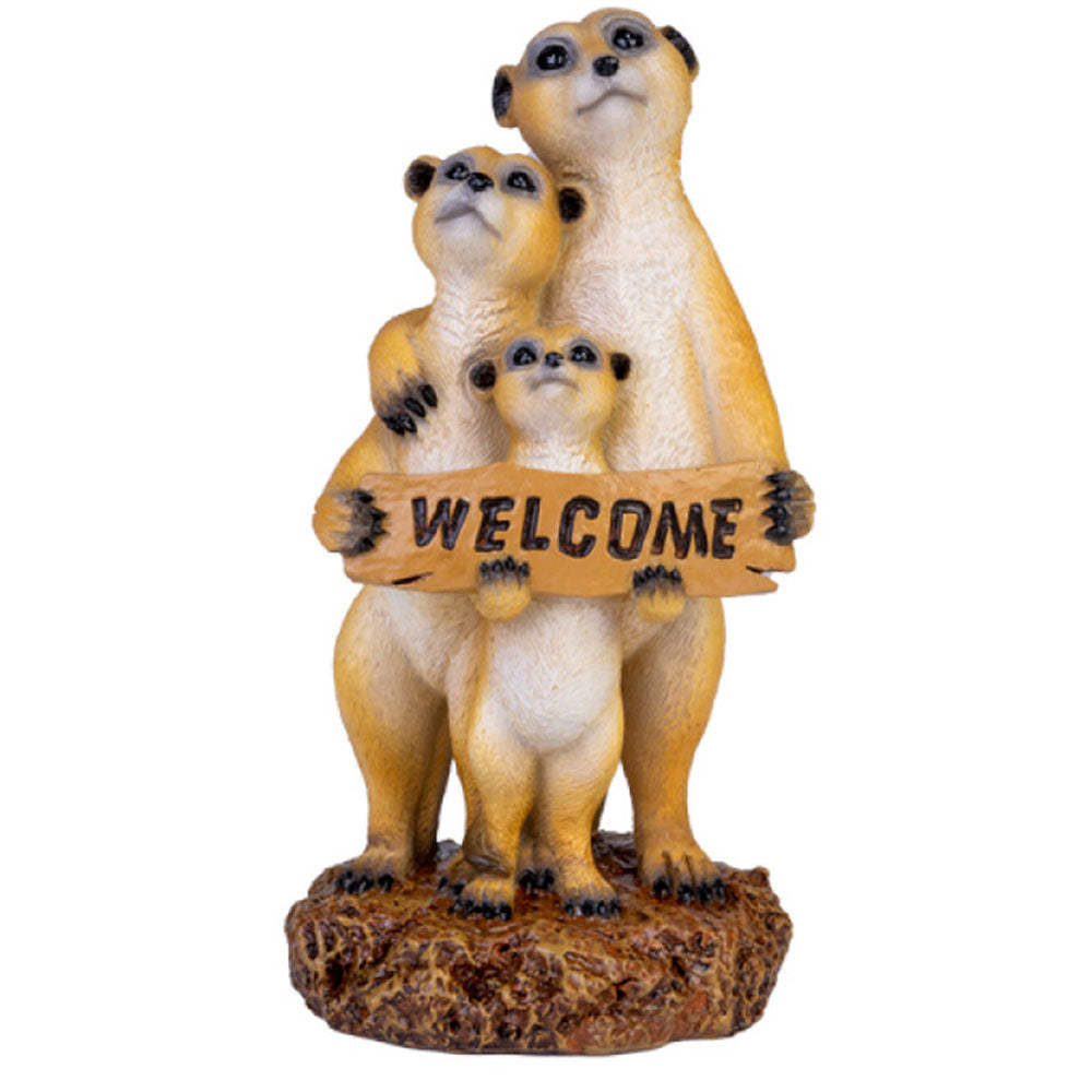 Familia suricata con cartel de bienvenida