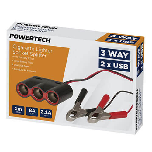 3 Way Lighter Socket with Battery Clips and USB Charge Ports