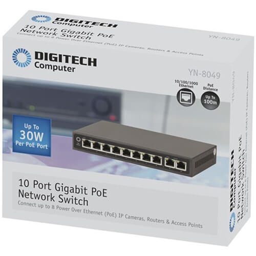 10-portars Gigabit PoE Network Hub Switch med PSU (30W)