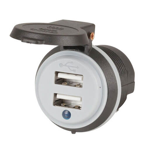 2 USB Charger Skt w/ Dust Cap & Power Indicator for Vehicles