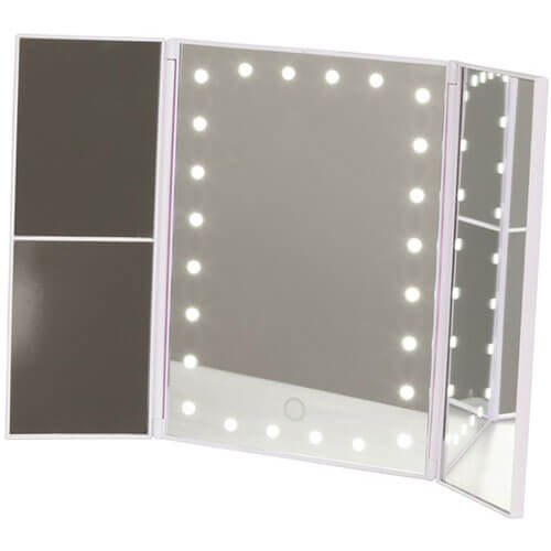 Miroir de maquillage LED à trois volets avec grossissement 3x