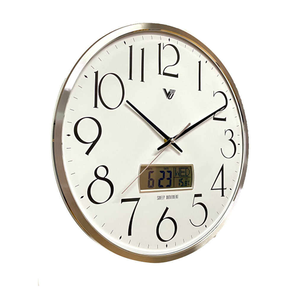 Thin Framed Wall Clock w/ Digital Calendar & Temp