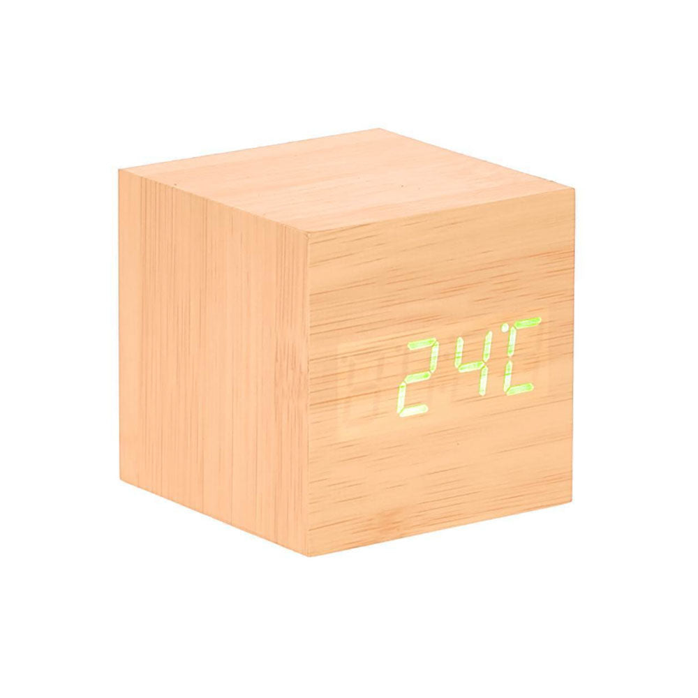 Würfelförmige LED-Schreibtischuhr aus Holz mit Temperatur-/Datumsanzeige