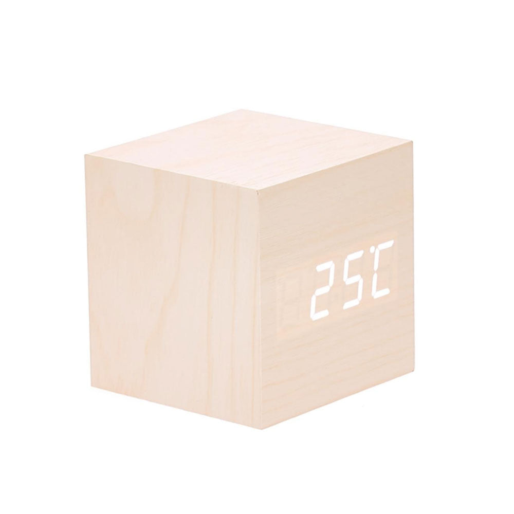 LED Wooden Cube Desk Clock w/ Temp/Date Display