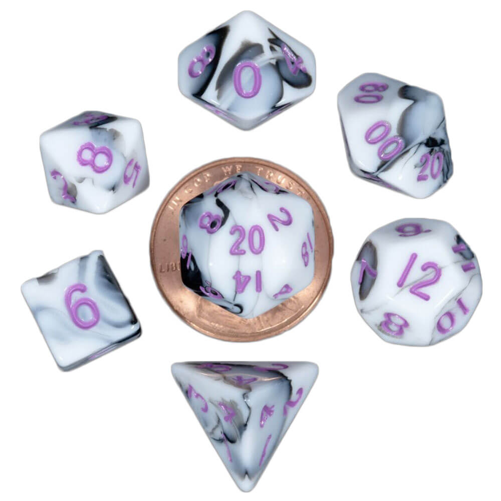 MDG Mini Polyhedral Dice Set (with Purple Numbers Marble)