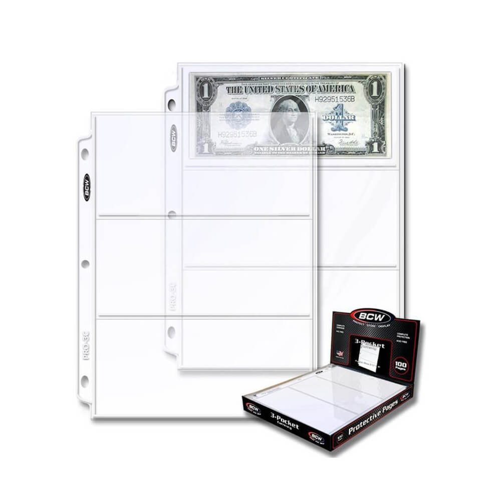 BCW 3 Pocket Protective Pages Currency