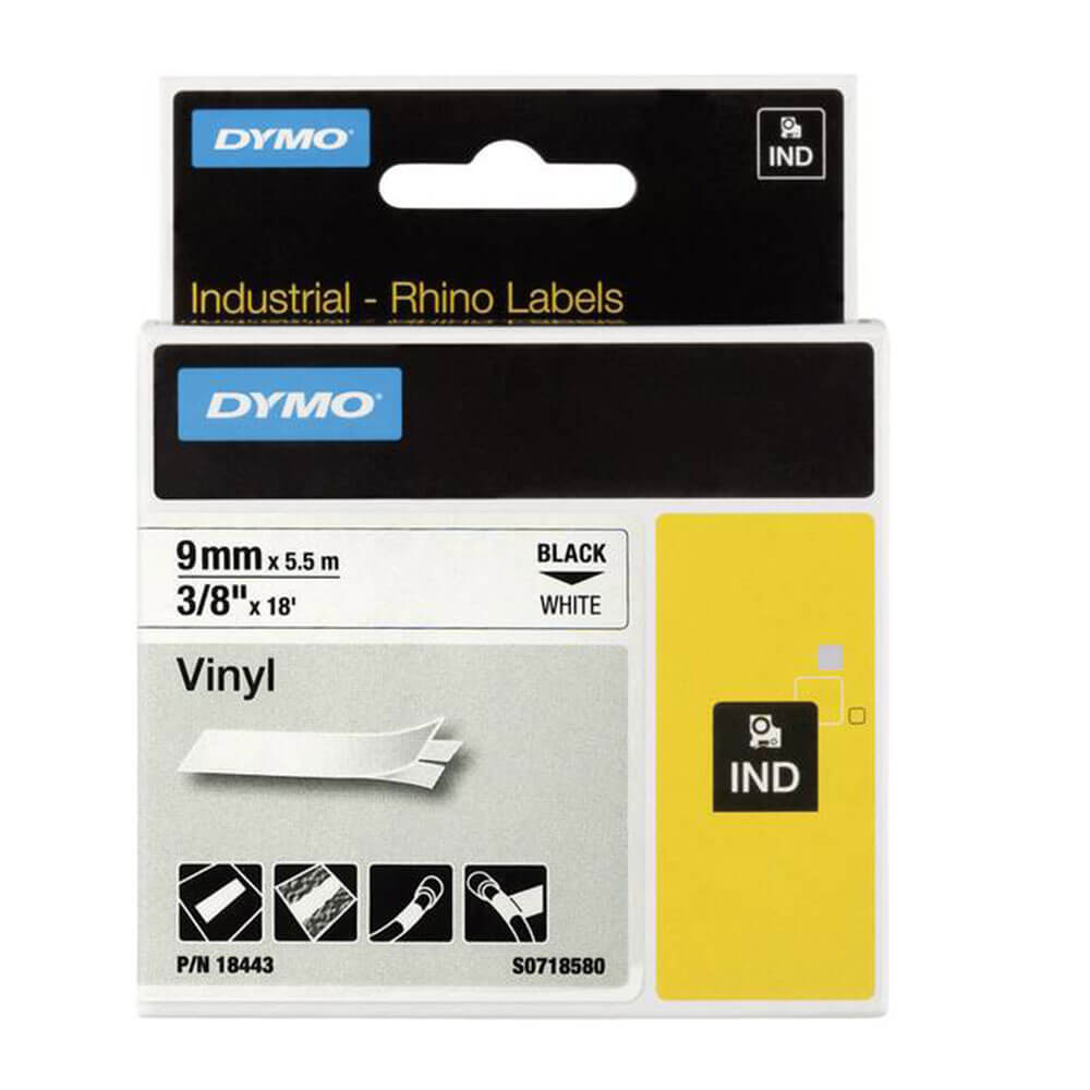 Dymo Rhino Industrial Vinyl Label Tape Black on White (9mm)
