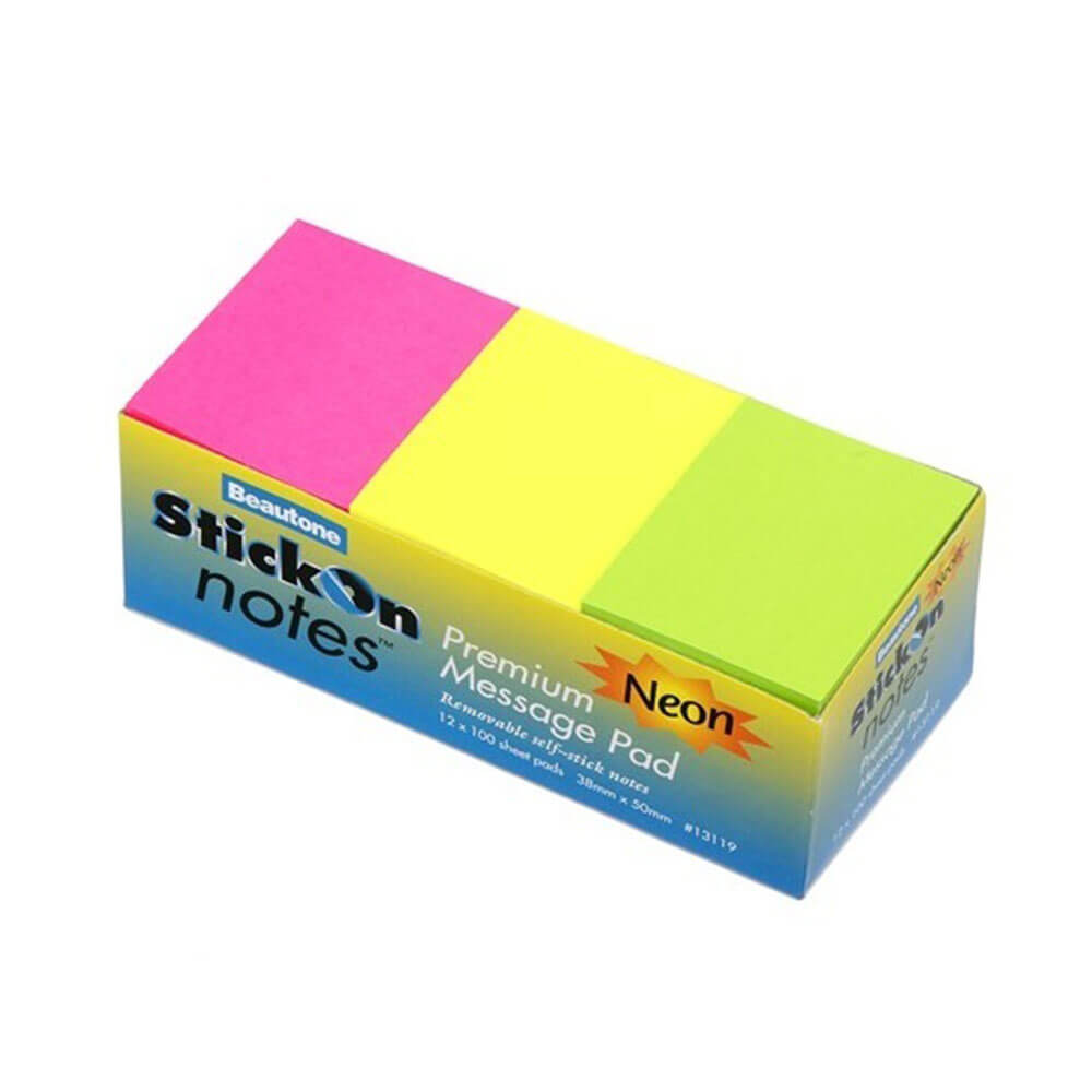 Beautone Stick On Notes Neon Assorted 38x50mm (12pk)